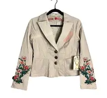 NWT Love Stich Boho Floral Embroidered Blazer Khaki Small **Flaw