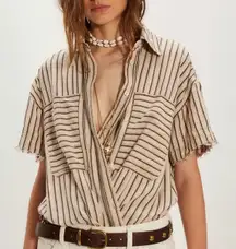 Free People Ivory Striped Christopher Linen Shirt Oversized Sz S NWT