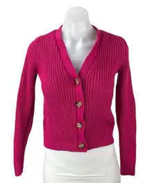 LOFT Women's Pink Chucky Knit Button V-neck Long Sleeve Crop Cardigan Sweater XS