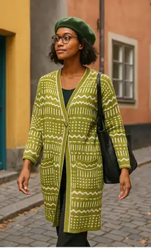 Gudrun Sjöden Elsie Knitted Coat Olive Green White Size Small Oversized