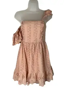 Pastel Pink Eyelet Lace Asymmetrical One Shoulder Mini Dress Small S