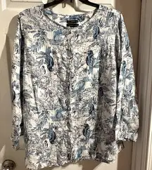 Tahari 100%‎ Linen Blouse Sz 2X White Blue Floral Birds Button Down Long Sleeve