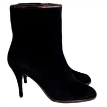 Stuart Weitzman ‘Lithe’ Black Suede Patent Tortoise Trim Heeled Boots, Size 8.5