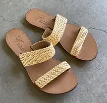 Joie Size 37 Two Strap Leather Flat Slide Sandal Cream/Brown Neutral