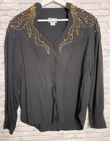 Vintage 90s  Shirt Womens M Black Button Up Western Rodeo Rhinestone Top