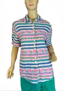 VINTAGE CABIN CREEK PINK, BLUE & WHITE FLORAL & STRIPE COTTON SHORT SLEEVE TOP L