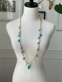Chicos Gold Tone Chain Turquoise Bead Strand Fashion Necklace 42”