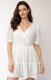 Lulus L White Lace‎ V Neck Mini Dress Ruffle Hem Short Sleeves Boho Cottagecore