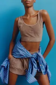 Zara Women’s Terry Sleeveless‎ Crop Beach Neutral Lounge Tank Tan Top Size S