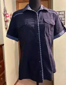 Elly navy blue short sleeve button down top blue gingham accents size 46 (L)