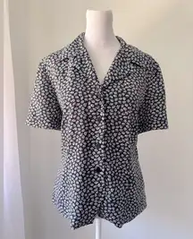 Vintage ‘90s Leslie Fay Navy Blue Floral Print Collared Short Sleeve Blouse
