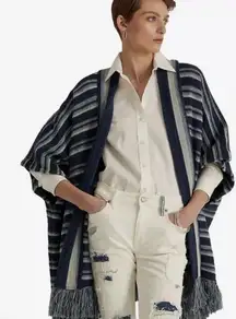Lauren Ralph Lauren Fringe Trim Cotton Striped Shawl Cardigan One Size