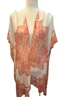 Kimono‎ Cover Up Shawl Duster Boho Festival Paisley Print Tassels Cream Pink