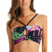 Bar III Paradise Palms Printed Bandeau Bikini Top Keyhole Halter Black XS