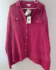 Easel Deep Red Button-Down Shirt with Lace Detail