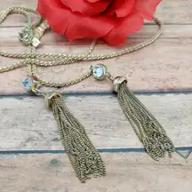 Banana Republic Gold Tone Tassel Necklace With Crystal Accents & Double Chains