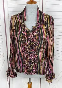 Violet & Claire Retro Print Heart Petal Ruffle Blouse Black Multi Large