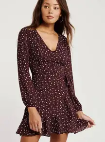Burgundy Floral Ruffle Hem Wrap Long Sleeve Mini Dress