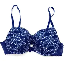 Aerie Womens 34B‎ Lined Demi Bra Floral Embroidered Navy Padded Push Up Flirty