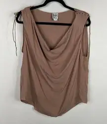 Haute Hippie Women Large Cowl Front Silk Blouse Taupe Lace Up Shoulder Boho