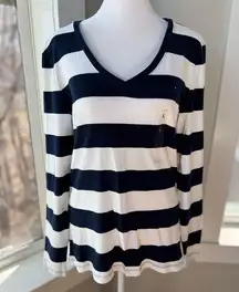 Tommy Hilfiger Navy Blue White Stripe V Neck Long Sleece Tee Shirg Sz Large NWT