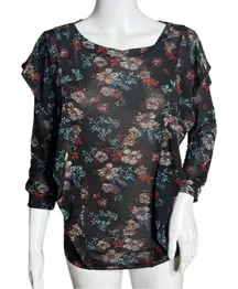 Free People Shirt Womens XS‎ Black Floral Dock Street Blouse Ruffle Boho Peasant