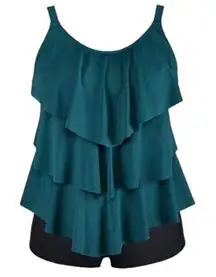 Teal Black Tankini Set Layered Ruffle Top Boyshorts Size 10 NWT #6973