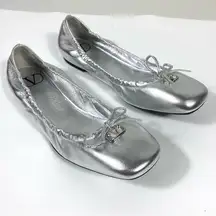 Valentino Garavani VLOGO Signature Metallic Silver Leather Ballet Flats 36.5 NEW