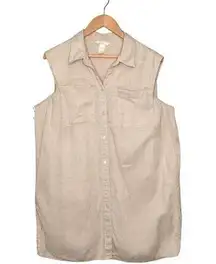 H and M Shirt Dress Womens M Linen Pocket Button Up Sleeveless Collar Beige