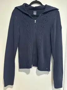 Vintage 90s Nautica Women’s Sz: XL Full Zip Cable Knit Ribbed Navy Blue Sweater.