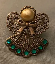 Vintage Angel Brooch Lapel Pin Silver Tone Metal Blue Stones Faux Pearl 1.25” H