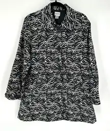 Chico's Women's‎ Linen Blend Lined Button-Down Long Blazer Black White Large