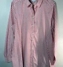 Foxcroft Non-Iron Button Down Shirt Women’s 16 Red White Stripe Cotton