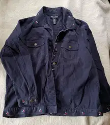Denim & Co Navy Blue Jean Jacket Embroidered Flowers Red White Blue Patriotic 1X