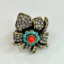 Heidi Daus Ribbon Blossom Flower White Crystal Turquoise and Coral Cab Ring