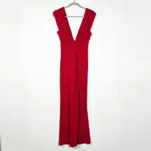 Misha Collection Stretch Knit Ruched Pleated Deep V Neck Sleeveless Jumpsuit Red