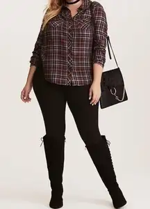 PLAID LACE INSET CAMP SHIRT  Black grey red