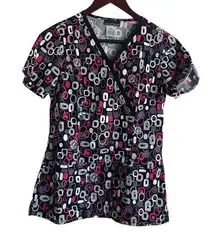 Cherokee Women Scrub Top XS Black Geometric Medical Uniform Nurse Workwear