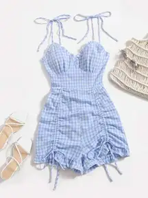 Ruched Bust Knot Shoulder Gingham Print Cami Romper