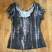 Tie Dye Short Sleeve N Neck With Ruffle Edges Fairy‎ Grunge L Fitted Top Shirt