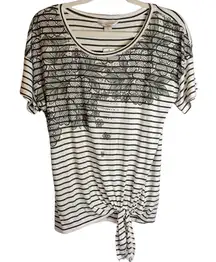 Christopher & Banks Taupe Cream Striped Top Knot Front Floral Sequins NWT Small‎