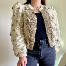 Vintage thick chunky cream tan baubel knit knitted cardigan sweater