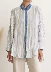 Sunday Saint Tropez Linen Pinstripe Long Sleeve Button Down Oversize Shirt