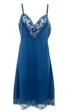 Vtg Val Mode Y2K Slip Dress Sz 32 Coquette Lace Midi Bow 90 Sheer USA Satin Blue
