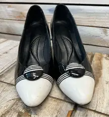 Vintage 80s 90s Black White Patent Two Tone Button Pointed Toe Retro Heels 8M