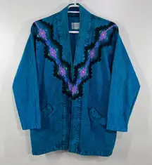 Vintage Sundance Denim Jacket Southwestern Teal Aztec Print Acid Wash‎ USA Large