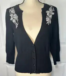 White House Black Market Black Silk Embroidered Floral Cardigan Sweater Size M