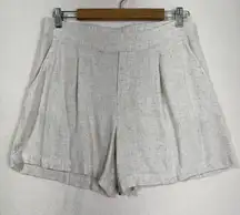Be Cool Beige Linen Pleated Pull-On High Waisted Shorts Size Large Elastic Back
