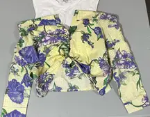 2-in-1 Tank Top and Yellow Purple Off-the-Shoulders Floral Button-Down Long Sleeve Blouse Shirt Top Size L 💜✨