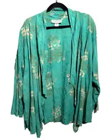 VTG Brownstone Studio‎ Teal Floral Open Cardigan Flowy 2X Island Beach Flowers
